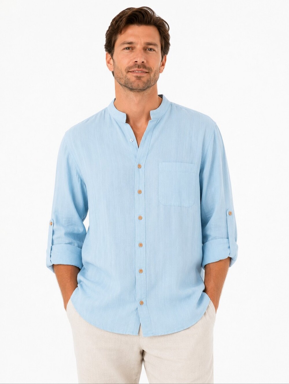 Caribbean LT Blue Linen Blend‎ Button Front Beach Shirt Roll Tab Sleeve